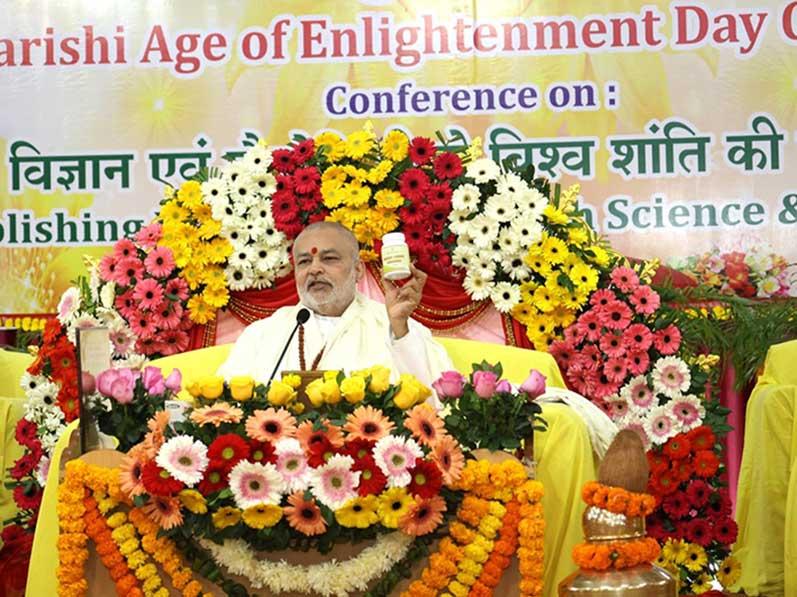 Brahmachari Girish Ji and other dignitaries releasing Maha Amrit Churna, a product of Maha Herbals-a general tonic to balance Vata, Pitta and Kapha in physiology, helping in maintaining perfect health. Girish Ji has mentioned that everyone must take it with meal twice a day, this is the advice of group of Vaidyas.